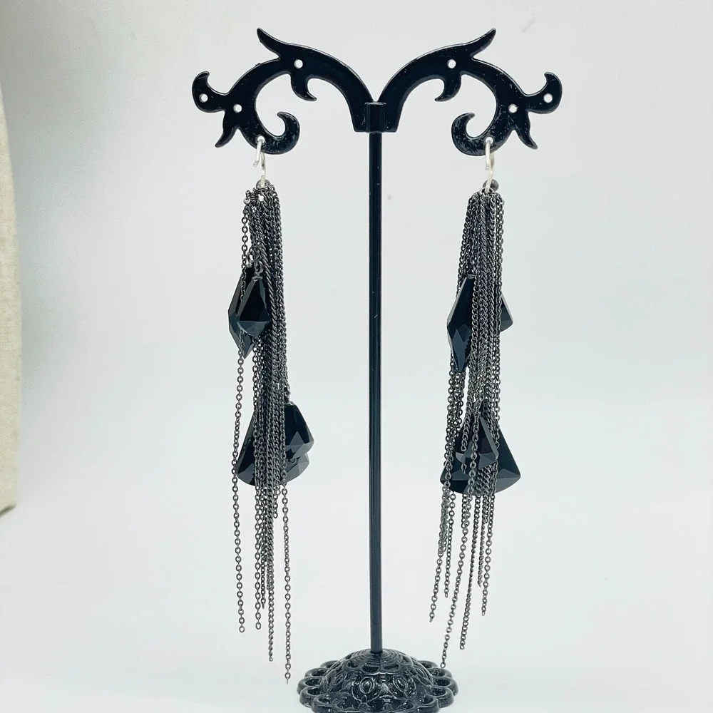 Vintage Black Tassel Pierced Earrings Chain Dangle Statement Boho Goth - Picture 8 of 9